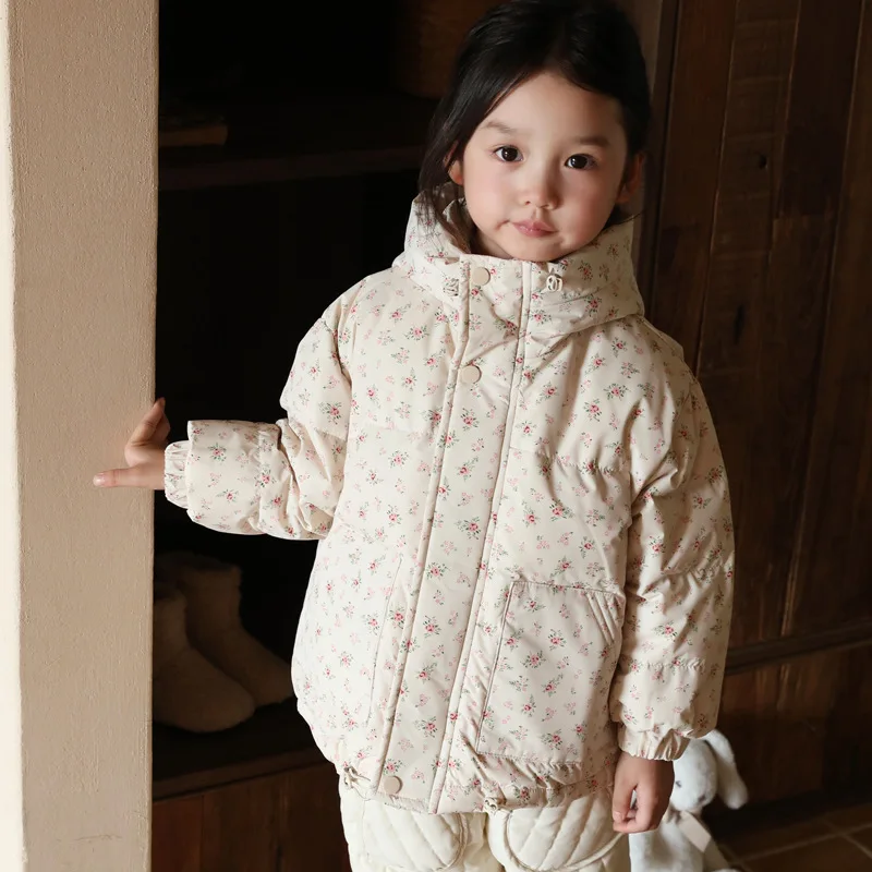 2024 Winter Girls Floral Down Jackets Baby Cold Proof Thickened Warm Jacket With 90% Down Boys Short Hooded Coats