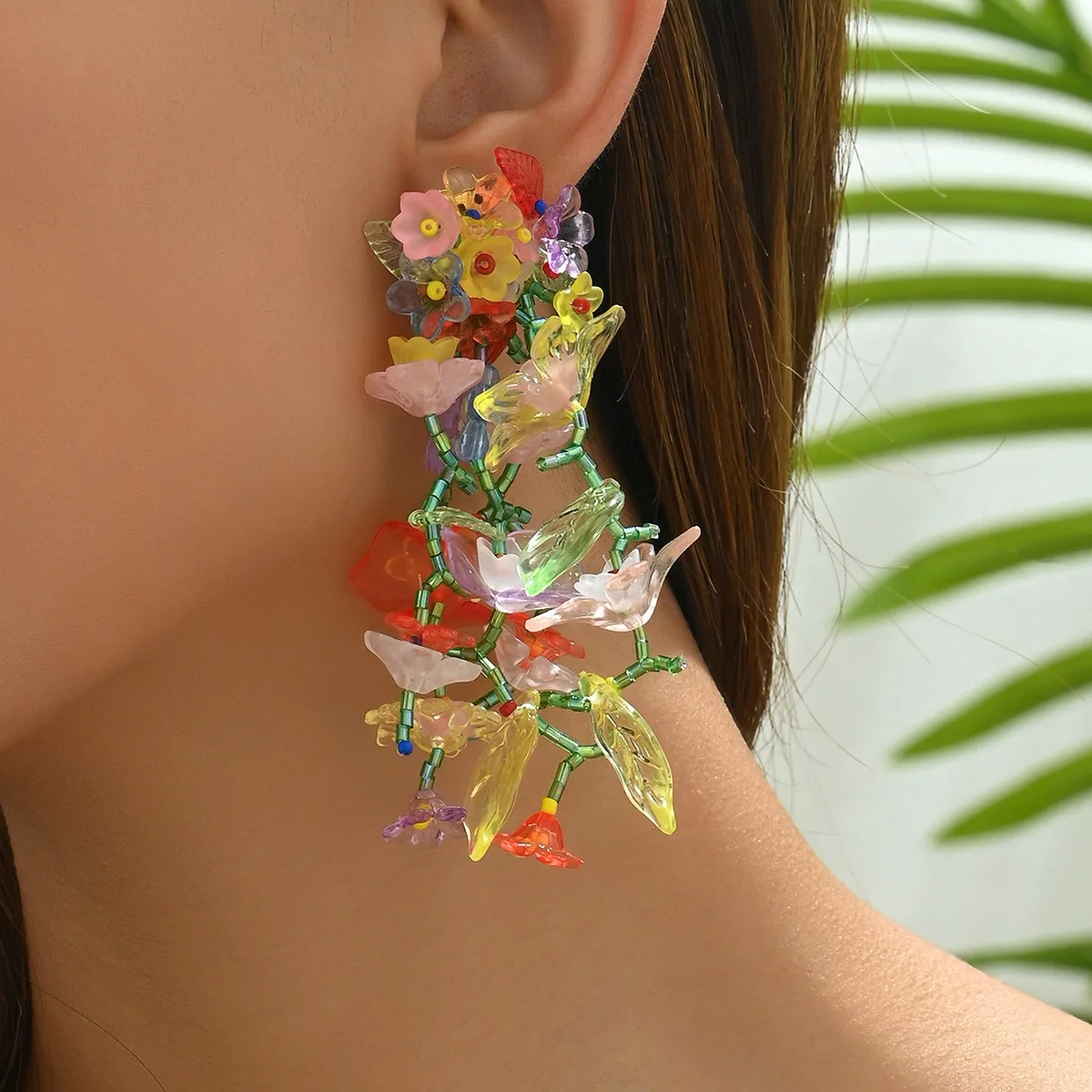 Böhmische Bunte Blumen-Quasten-Ohrringe für Damen Großhandel Sommer Handgefertigte Übertriebene Harz-Hängeohrringe Hochzeitsschmuck – Detail 3