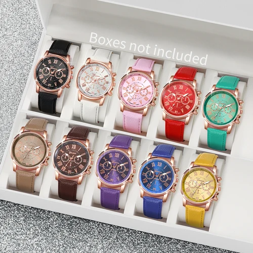 10 Uds. Conjunto de relojes para Mujer, Reloj de cuarzo con esfera romana a la moda para Mujer, relojes de pulsera informales con correa de cuero, Reloj femenino