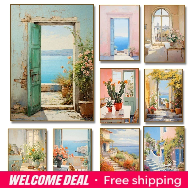 Italian Cottage Greece Doorway Flower Coastal Cat Cactus Canvas Painting Still Life Poster Print Aesthetic Room Home Decorati