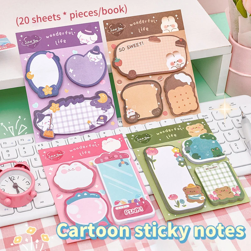 Cute Cartoon Sticky Notes, Sticky Notes, Papelaria Labels, Cartoon Notepad, Colorido, Material escolar e de escritório, 20 folhas