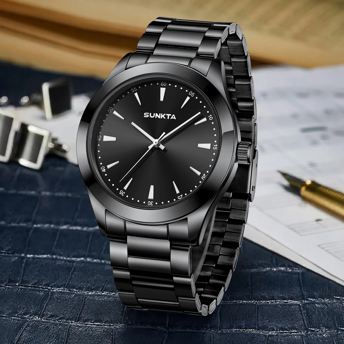 SUNKTA Men Brand Watches Students Fashion Casual Full Stainless Steel Band Simple Date Quartz Wrist Vintage Watch Silver