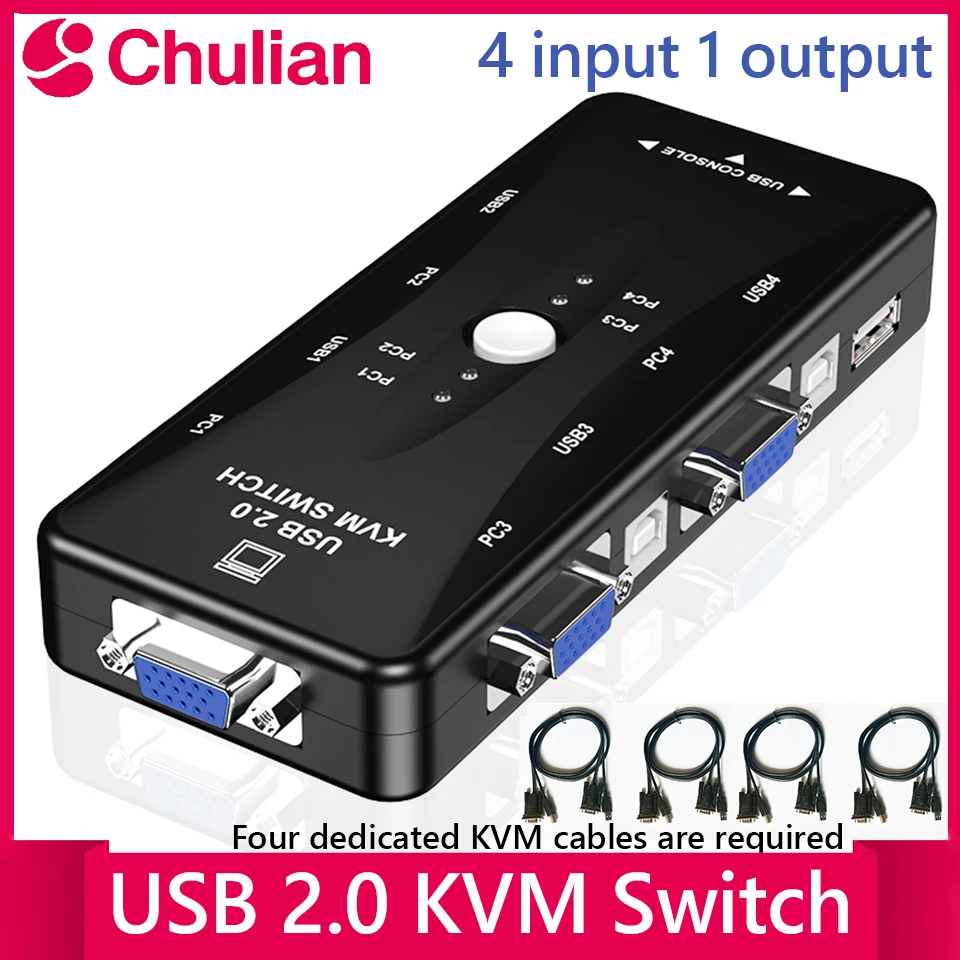 4 Port KVM Switch 4 In 1 Out USB VGA KVM Switches For Printer Mouse Keyboard Pendrive 1080P Share Switcher 2 X1/4 X1 VGA Switch