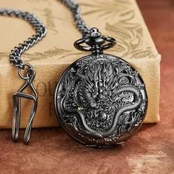 Vintage preto dragão phoenix oco requintado escultura esqueleto relógios de bolso mecânico retro masculino cadeias amante sorte casamento