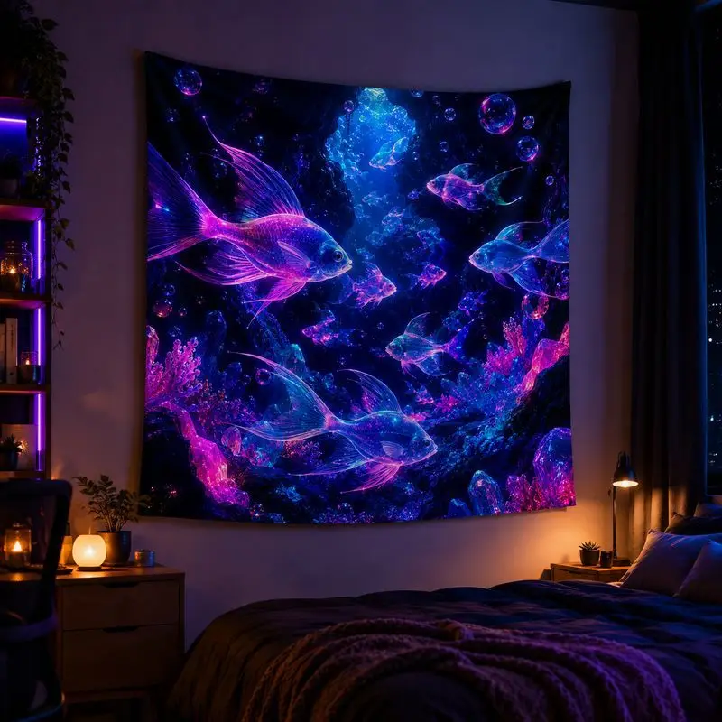 VIKAMA Space Jellyfish Moon Blacklight Tapestry, Neon Bohemian Wall Hanging Decor for Bedroom Living Room, Psychedelic Galaxy