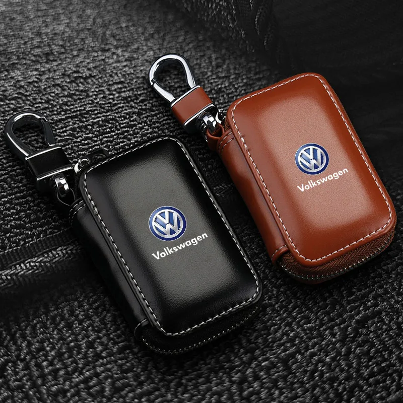 1 unidad de funda de cuero con emblema para llave de coche, llavero con cremallera, bolsa para llaves con emblema para VW Golf Amarok T5 Phaeton ID3 Tiguan T-Cross GTI