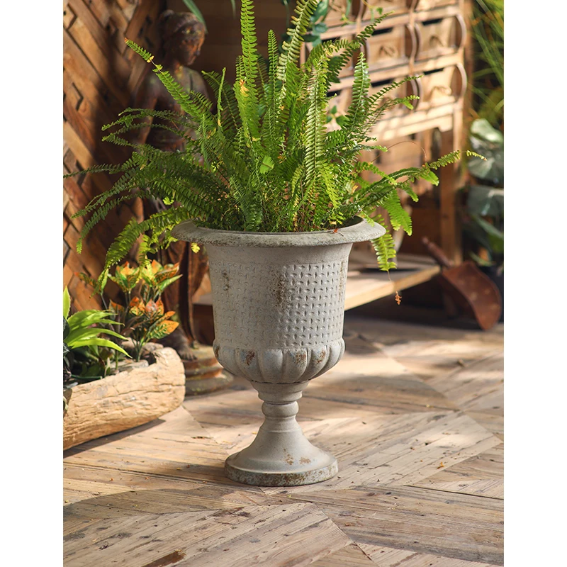 Vintage French Country Urn Planter, Distressed White Iron Pedestal Vase, European Conservatory Decor, Classical Garden Accent