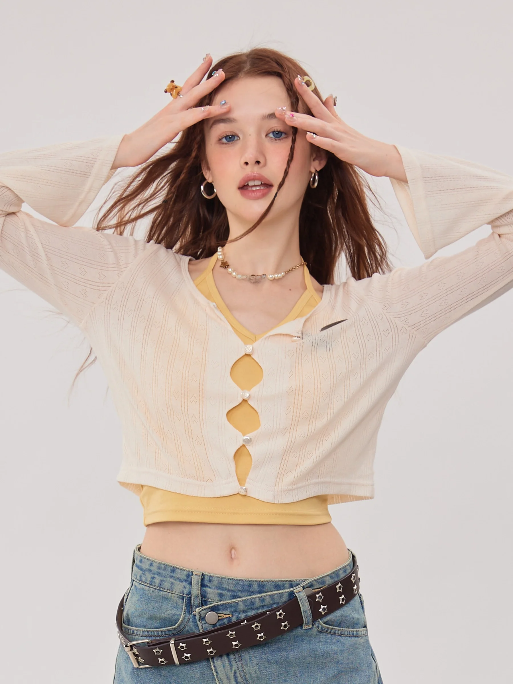 

ZiziFei Тонкое вязаное пальто в американском стиле ретро с колокольчиками Long Sve V-Ne Женское повседневное пальто из смеси полиэстера