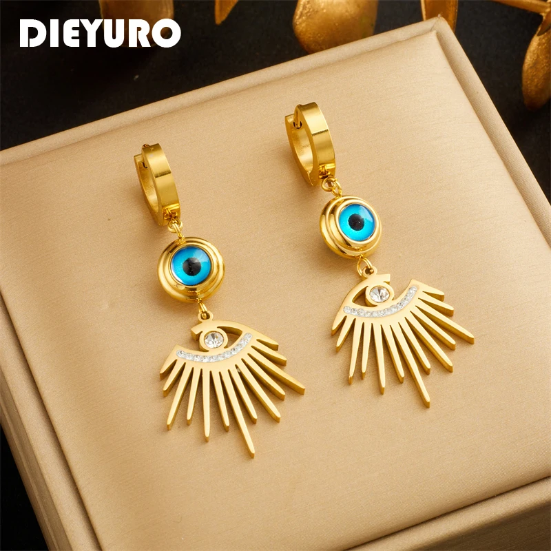 DIEYURO 316L Stainless Steel Vintage Blue Eyes Charm Earrings For Women Girl Fashion Gold Color Waterproof Jewelry Gift Party