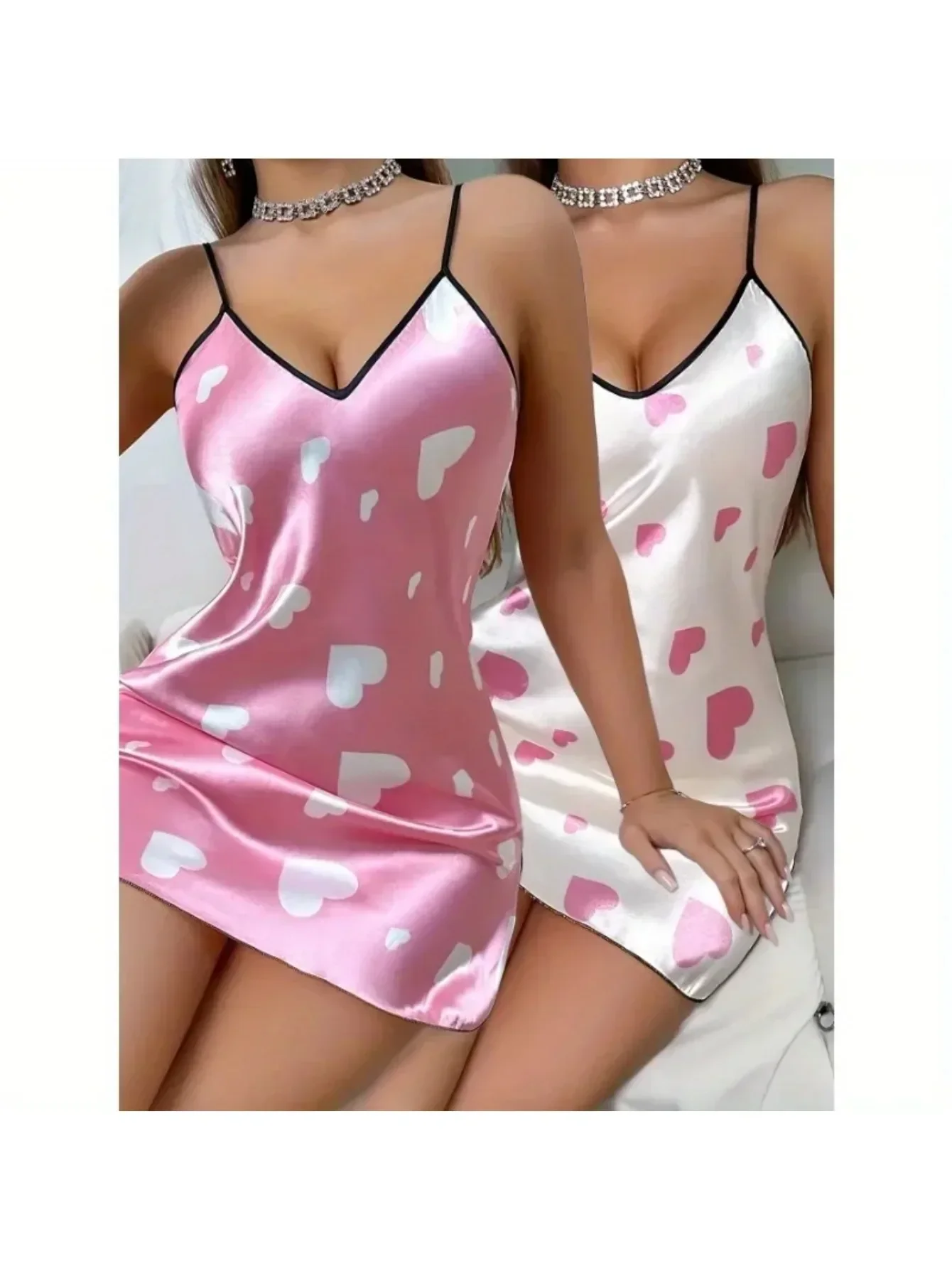 2-piece set of camisole skirt with heart print imitating silk sexy backless nightgown for women