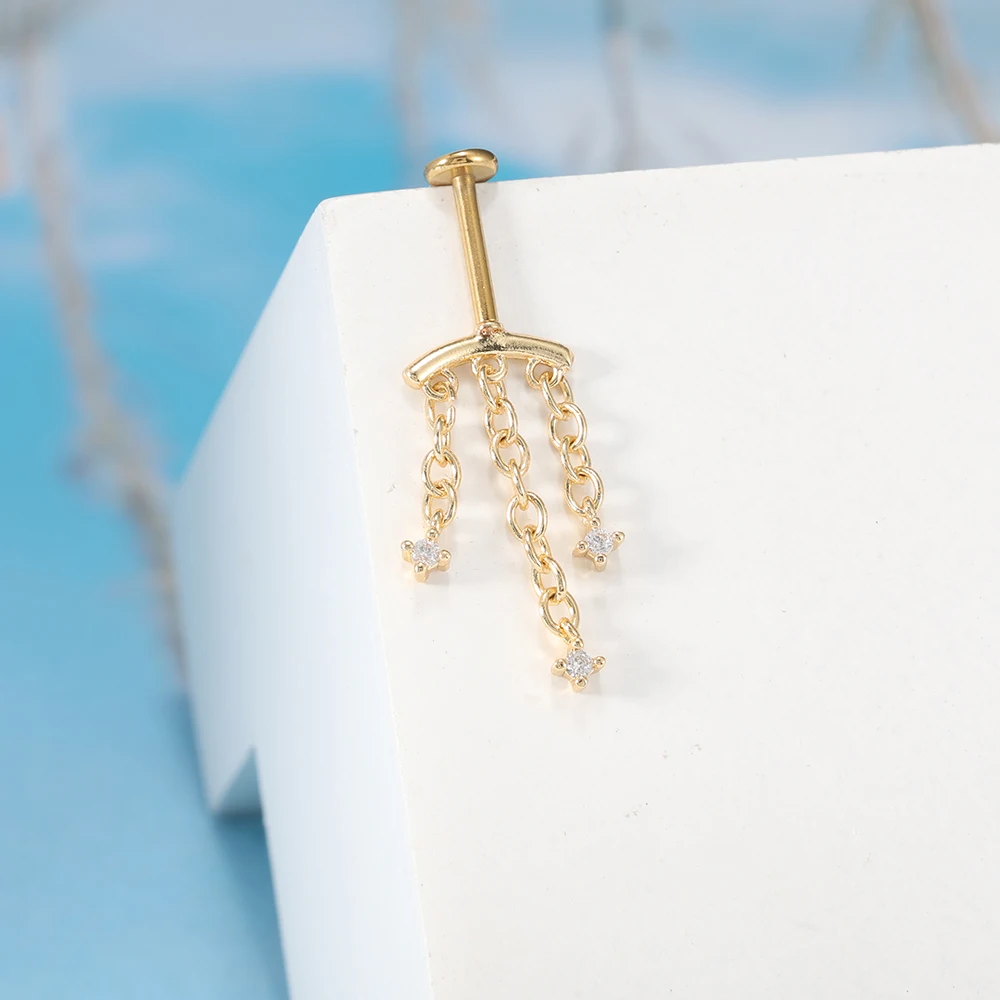 1 Stück/Set 316L Stahl Innengewinde-Ohrstecker mit Kupfer-Dreifachkette und Zirkonia-Anhänger, Helix-Lippenpiercing, Unisex, Trendig – Detail 8