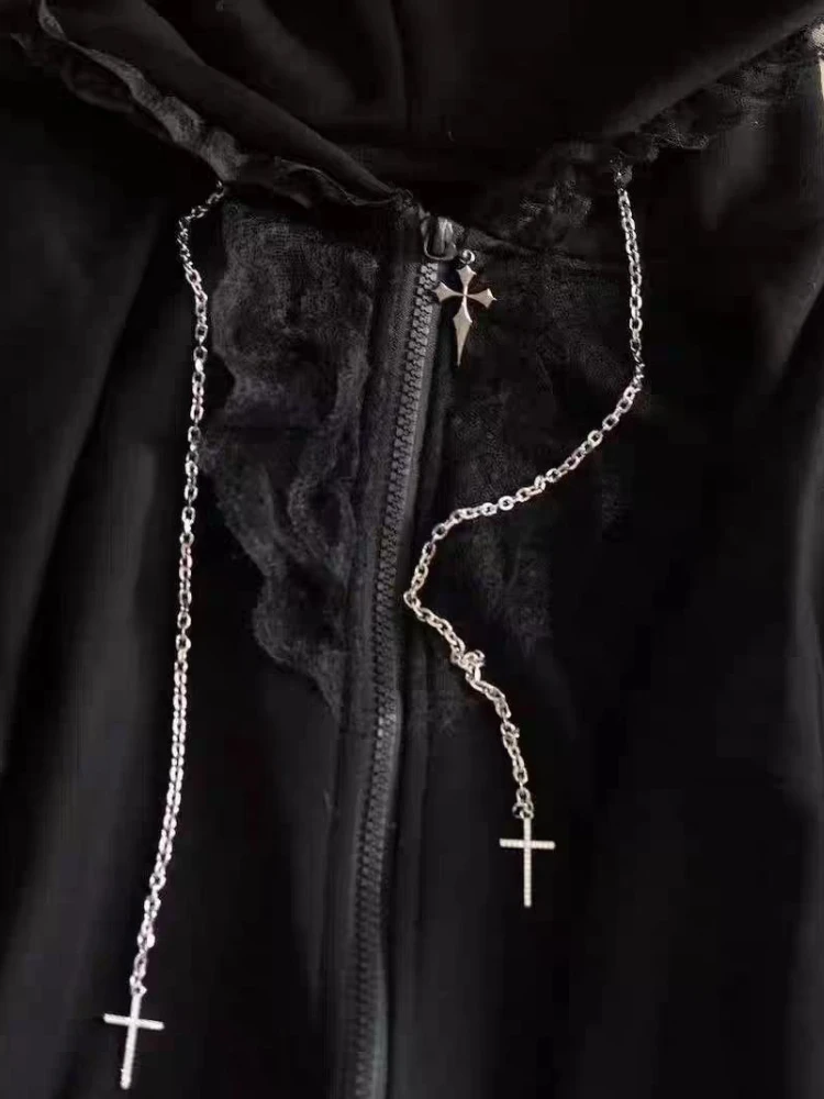 Felpa con cappuccio subcultura gotica vintage autunnale da donna manica lunga giapponese dolce pizzo nero cappotto con cappuccio moda casual cappotto allentato nuovo