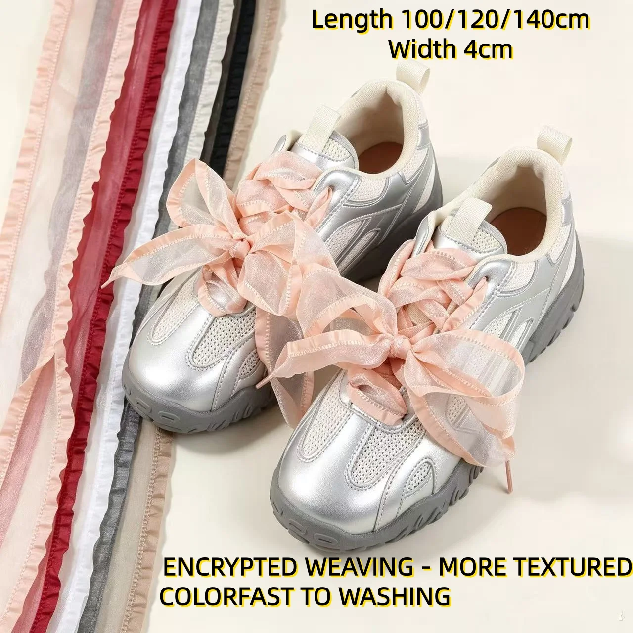 Fshion Wide 4cm Wavy Pleated Chiffon Yarn Shoelaces  Flat Silk Big Bow Shoestings Training Shoes Casual Canvas Laces