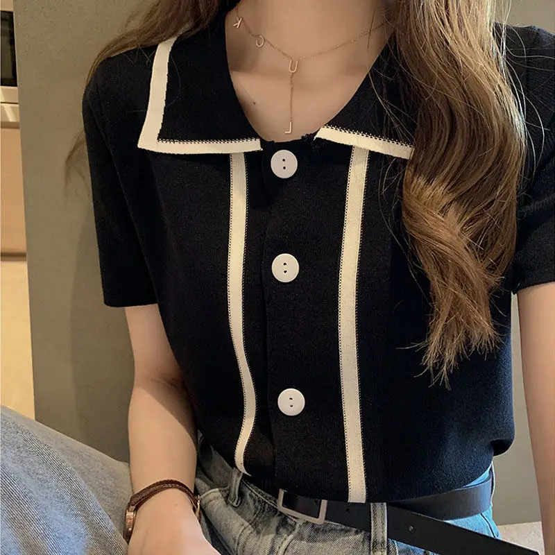 Summer New Fashionable Versatile Polo Collar Short Sleeve T-shirt Korean Style Young Style Simple and Loose Elegant Women\'s Top