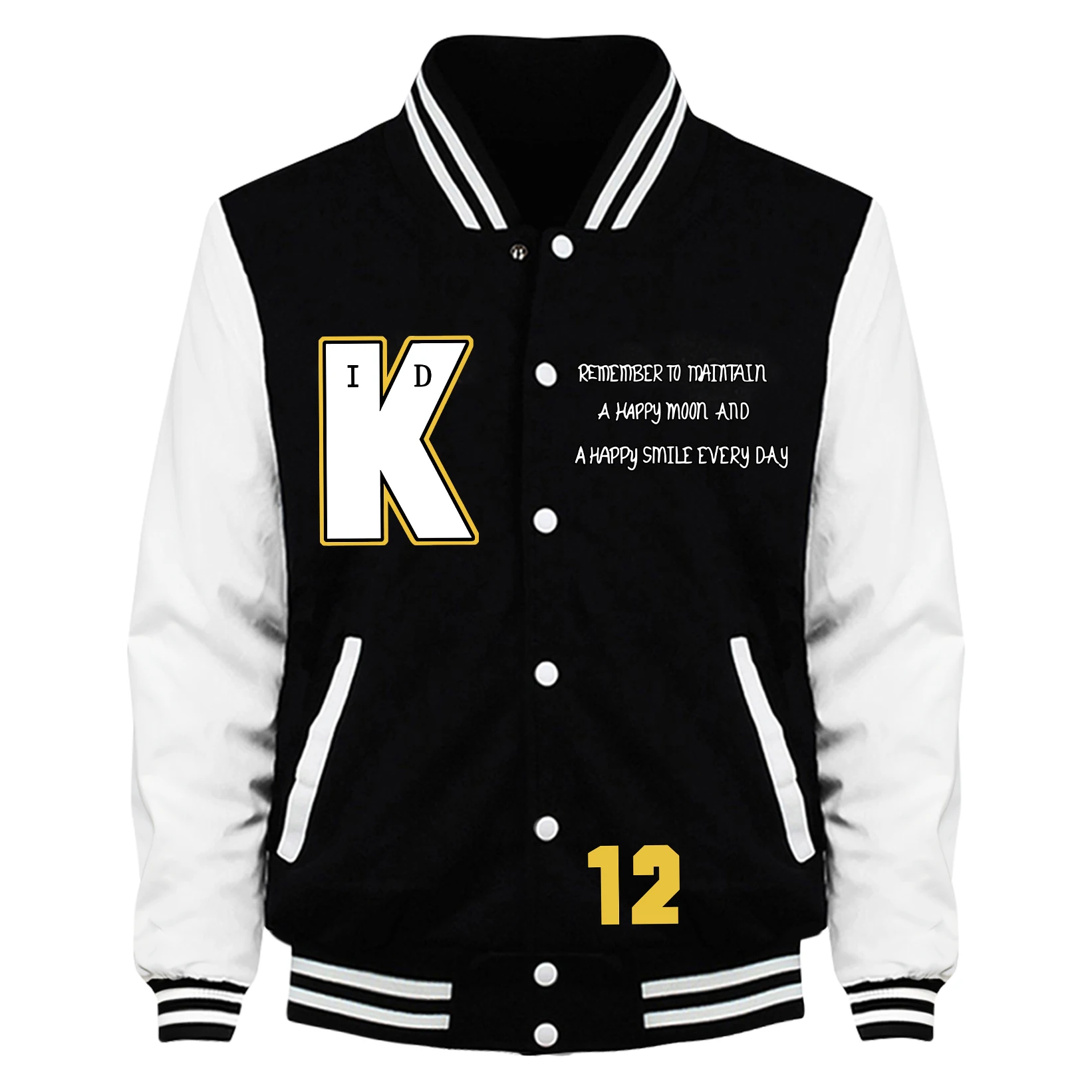 سترة مطبوعة A Happy Moon And K 12 للرجال للخريف فضفاضة من الجيرسيه البيسبول كاجوال من الصوف ملابس الشارع للجنسين معطف بأزرار أمريكية