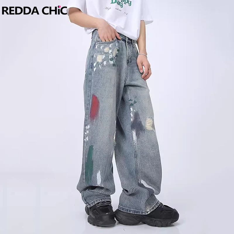 

ReddaChic 90s Retro Splash Ink Baggy Jeans Men Vintage Washed Brushed Ripped Graffiti Wide Leg Denim Pants Korean Y2k Streetwear