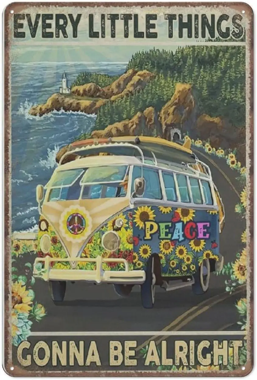 Little Thing Gonna Be Alright Hippie Car Tin Signs, Hippie Car Travel Retro Funny Metal Sign Vintage Wall Art for Kitchen G sign