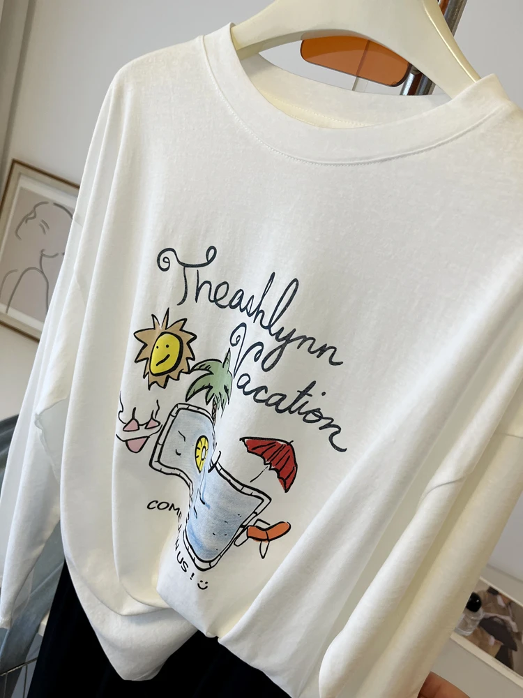 Locker sitzendes langes Sve-T-Shirt für Damen, Sommer, dünner Briefdruck, übergroßes Cover-up-Oberteil, bequemer, atmungsaktiver Sonnenschutz