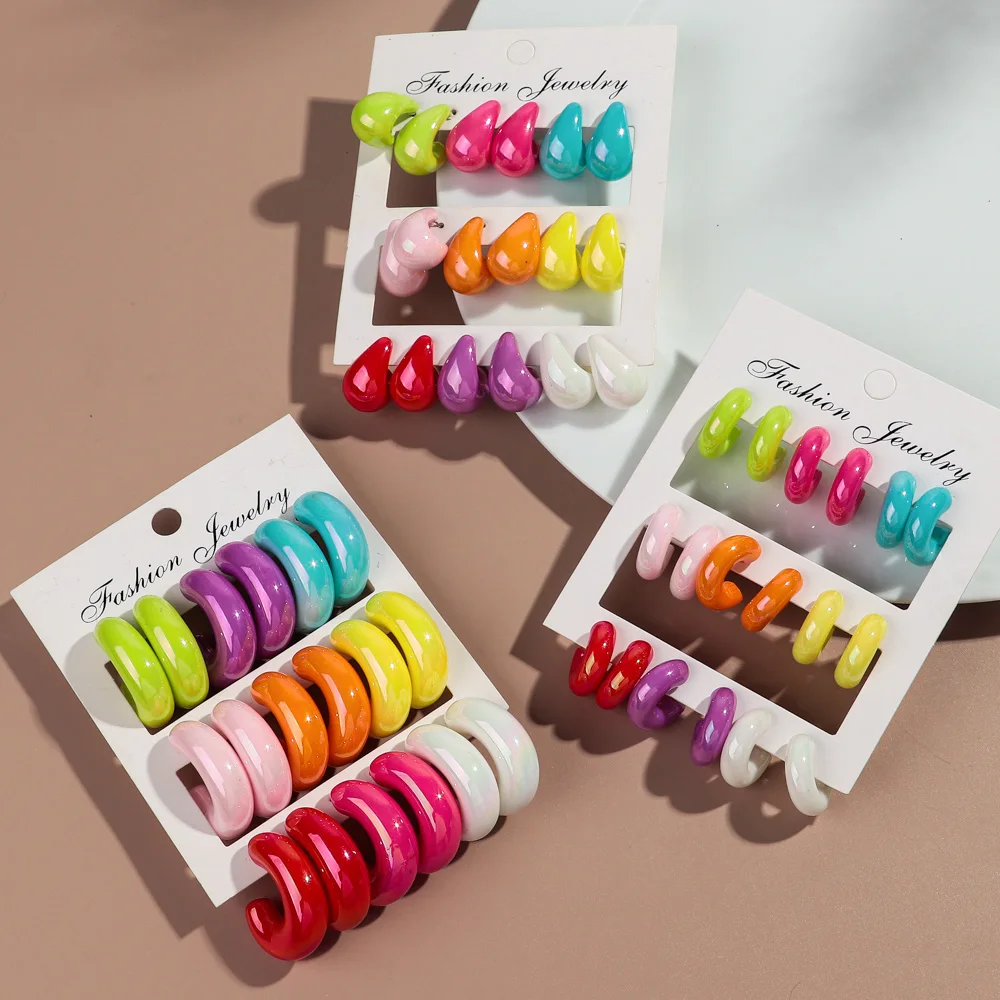 9pair/set Candy Color Acrylic Waterdrop Circle Earring Hoops for Women Statement Irregular C-Shaped Earrings New Jewelry Gift