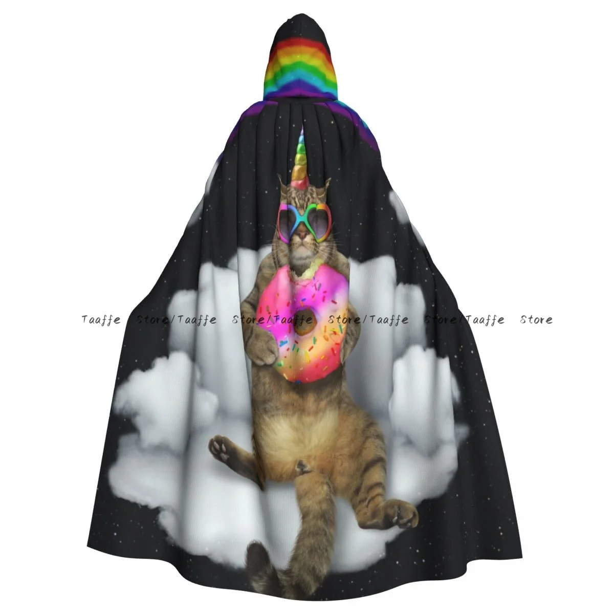 Unisex Halloween Cloak Cat Unicorn In Sunglasses With Donut Cape Hooded Medieval Costume Witch Wicca Vampire