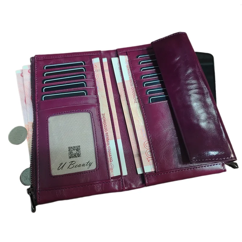 Vintage Waxed Genuine Cow Leather Flap Long Wallet Multi-functional Cowhide Clutch Purses Women Card Holder Coin Purse Wallets
