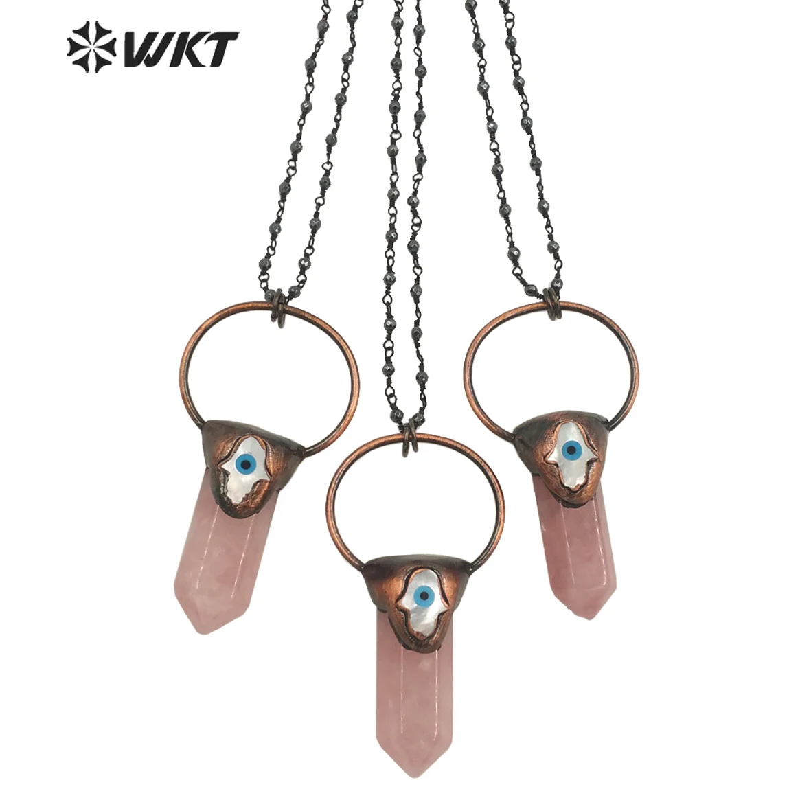 WT-N1391 Vintage Bohemian hexagona rose quartz stone necklace Antique copper hematite beads chain pendant necklace with handsha