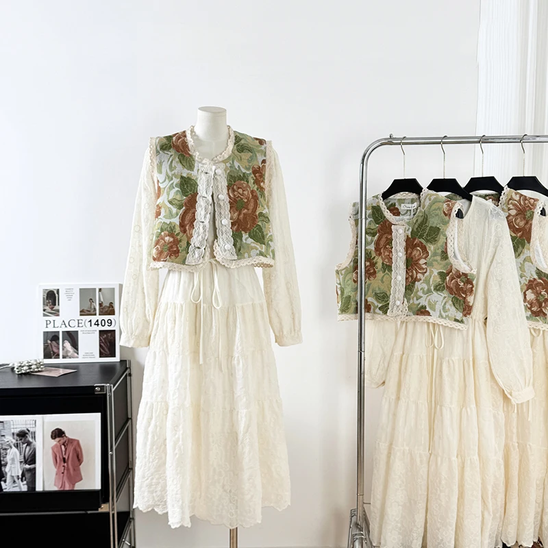 

Жаккардовый кружевной жилет с круглым вырезом + платье с длинными рукавами, женское осеннее платье 2022, новый дизайн во французском стиле, комплект из двух предметов