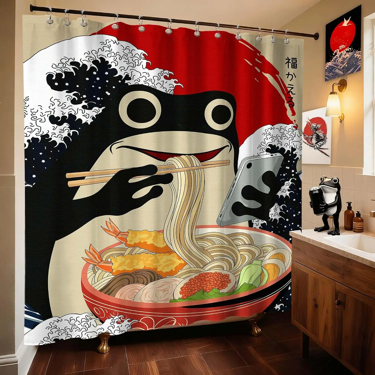 Cute Kawaii Cartoon Octopus Noodle Sushi Shower Curtain Waterproof Anime Bathroom Decor Accessories Home Gift Novelty