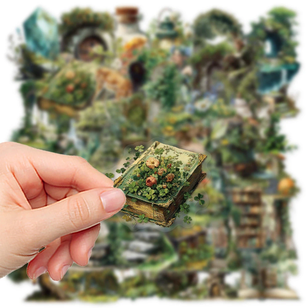 

10/30/50pcs Vintage Green Forest Magic Witch PET Stickers for Notebook Laptop Guitar Car DIY Aesthetic Cartoon Sticker Kids Toys