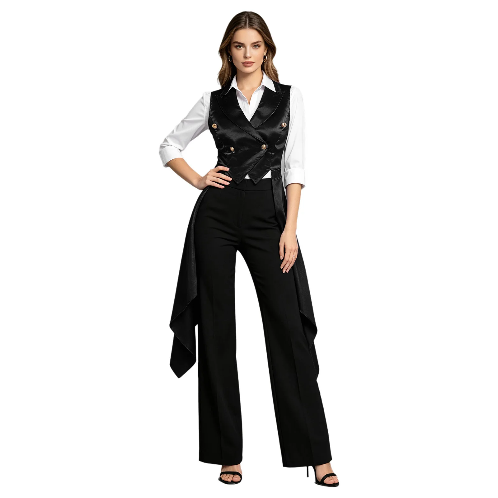 Women's Sleeveless Vests Satin Renaissance Victorian Costume Femme Tuxedo Waistcoat Vest Tailcoat Top Halloween Gothic Outfit