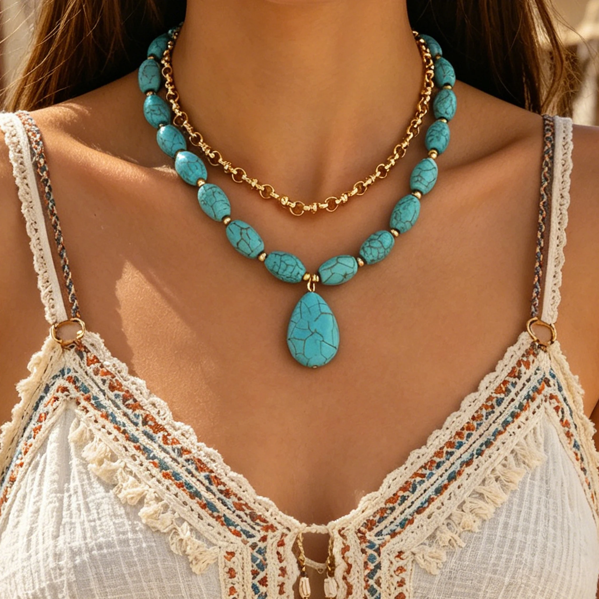 2PCS Layered Turquoise Beaded Choker Necklace Oval Pendant Gold Tone Boho Western Summer Beach Jewelry