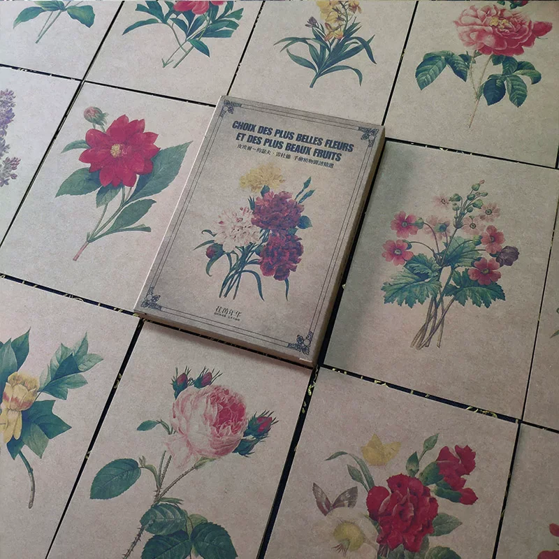 24PCS Redoute Painting Plant Illustration Postcard Set DIY Rose Lilies Vintage Greeting Message Cards Student Gift