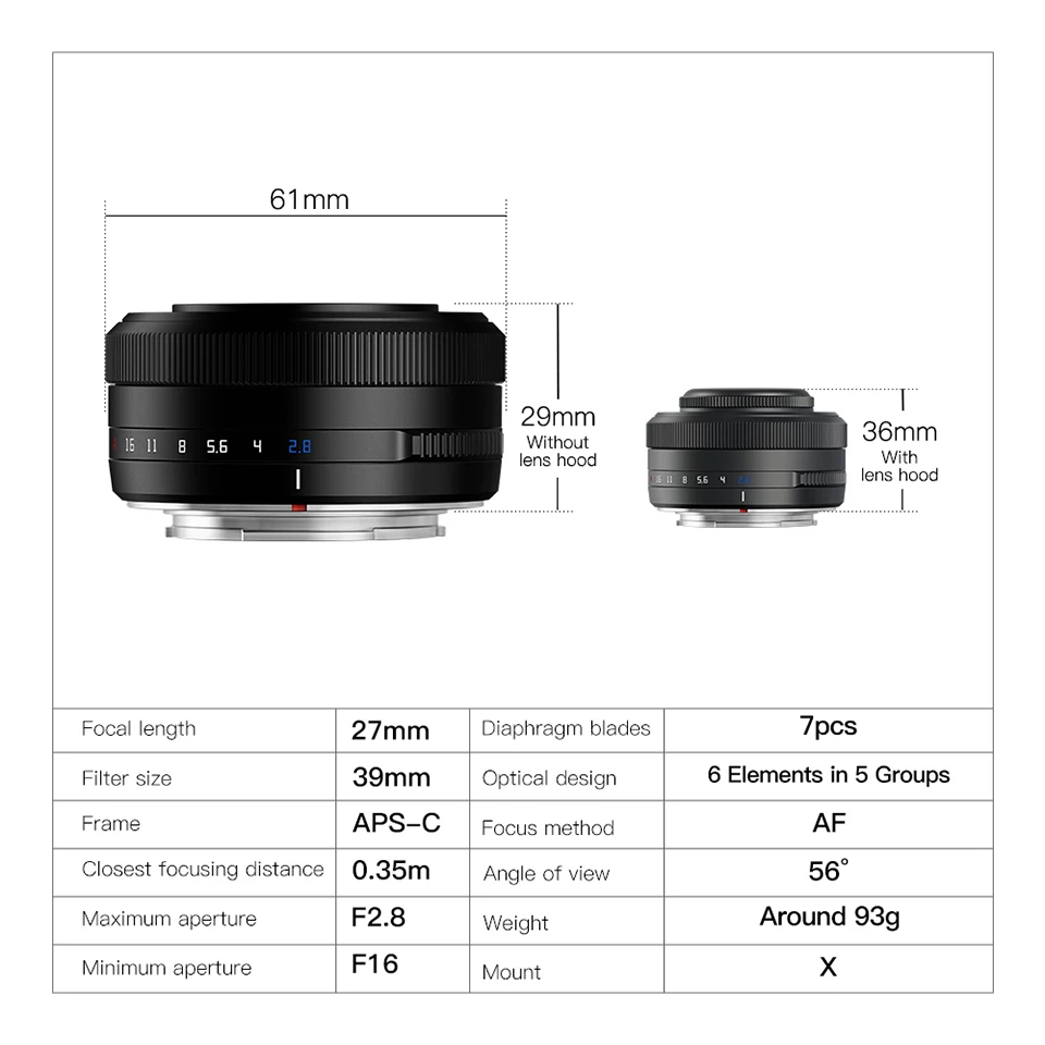 TTArtisan 27mm F2.8 APS-C Auto Focus Mirrorless Camera Lens for Sony A5000 A7RIII ZVE10 Fuji XA7 XT30 XT100 XE4 Nikon Z50 Z5 ZFC