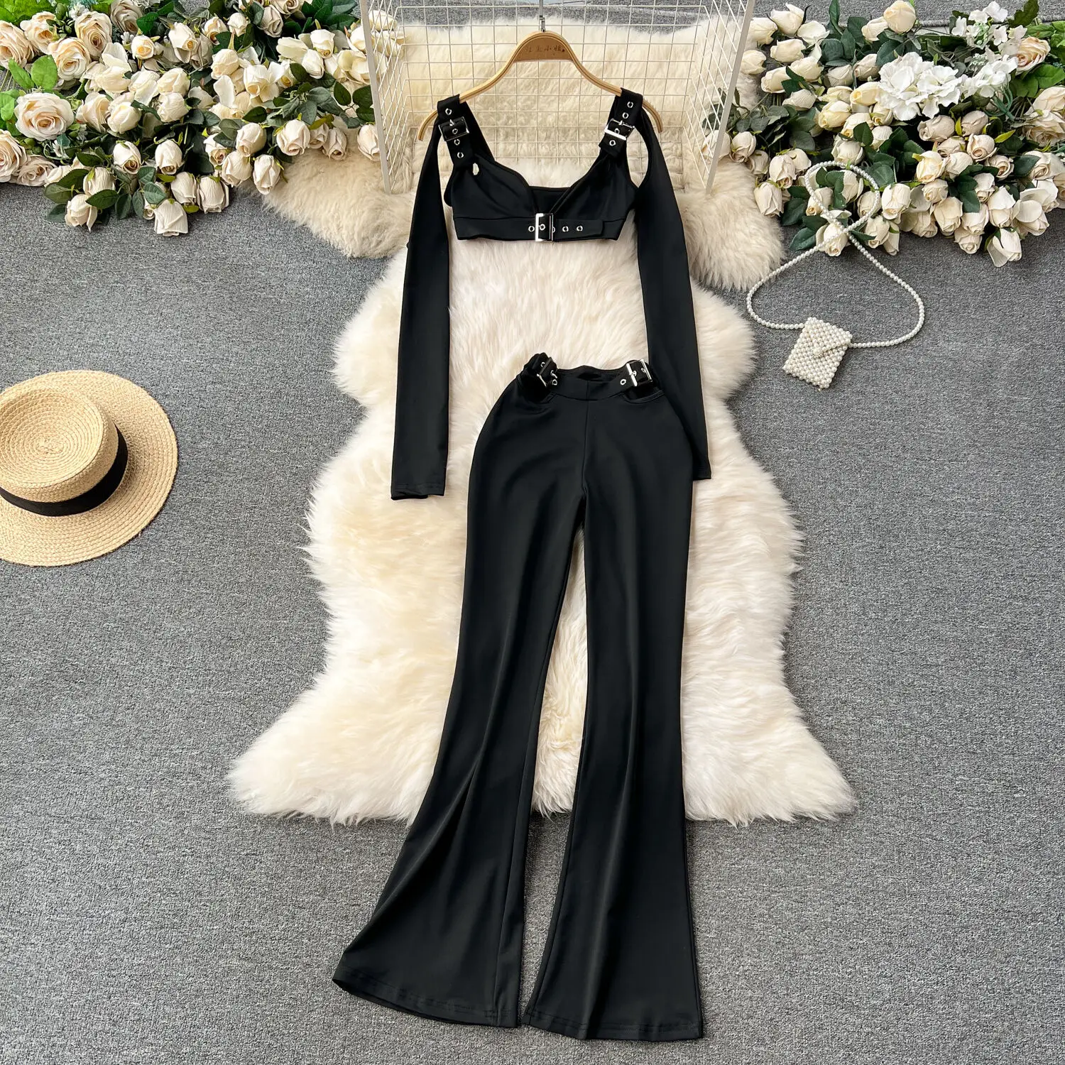 

Foamlina Summer Women Black 2 Pieces Set Sexy V Neck Long Sleeve Crop Top and Hollow Out High Elastic Waist Flare Pants Suits