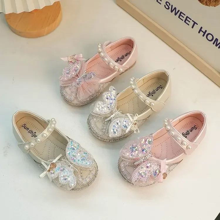 

New Children's Leather Shoes Sequins Butterfly School Shoes for Girls 2024 Causal Kids Fashion Luxury Princess Pearl Flat Shoes