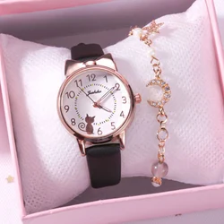 YIKAZE Simple Girl Watch Set Leather Female Student New Cute Fashion Cat Girl Watch Kids Children Quartz Electronic Wristwatch