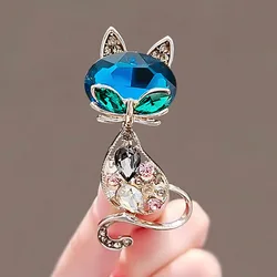 Fashion Blue Crystal Cat Brooches For Women Girls Colorful Rhinestone Animal Fox Pins Korean Corsage Daily Party Accessories