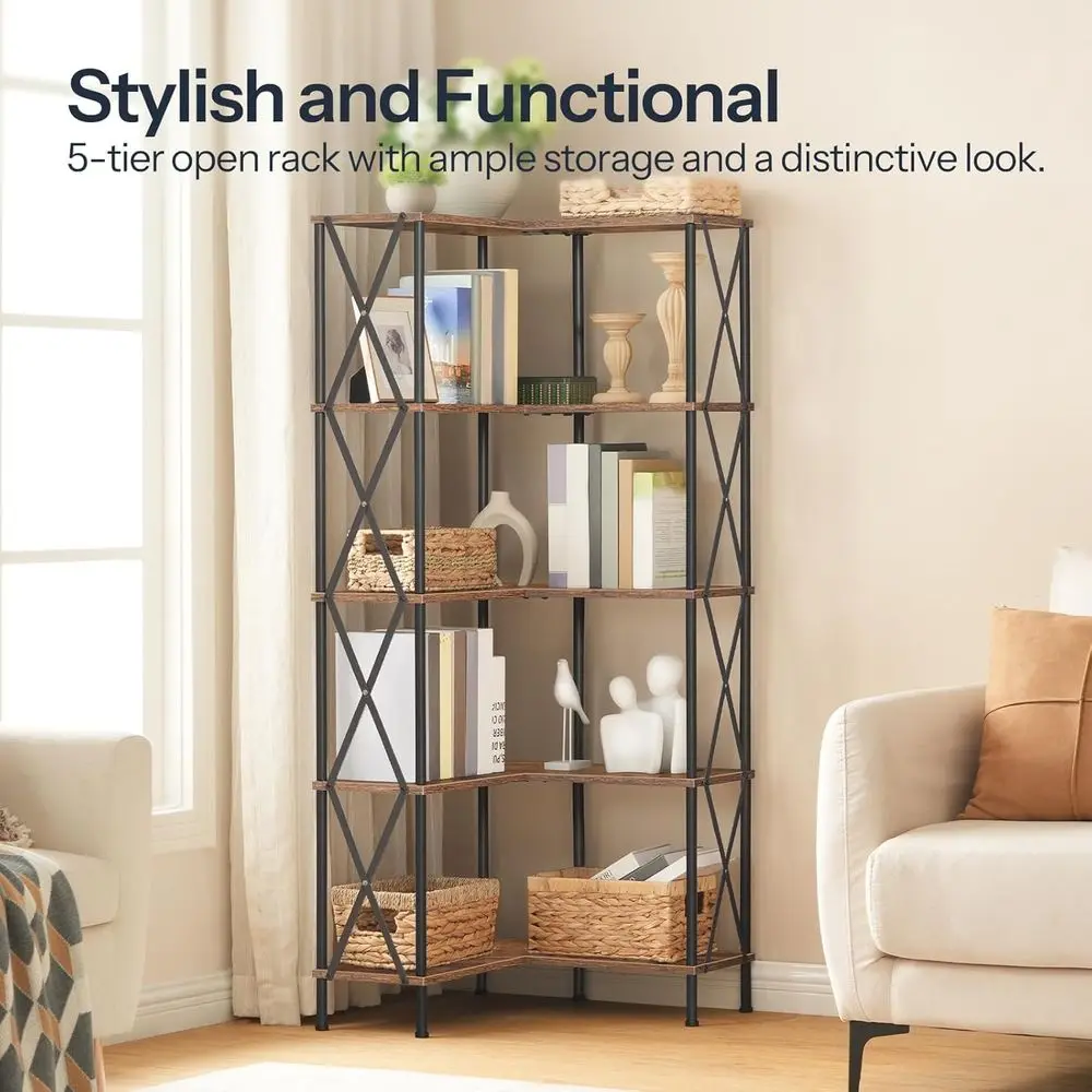5-Tier L-Shaped Bookshelf, Industrial Style Open Display Storage, Tall Rack for Living Room/Home Office, Rustic Brown & Black