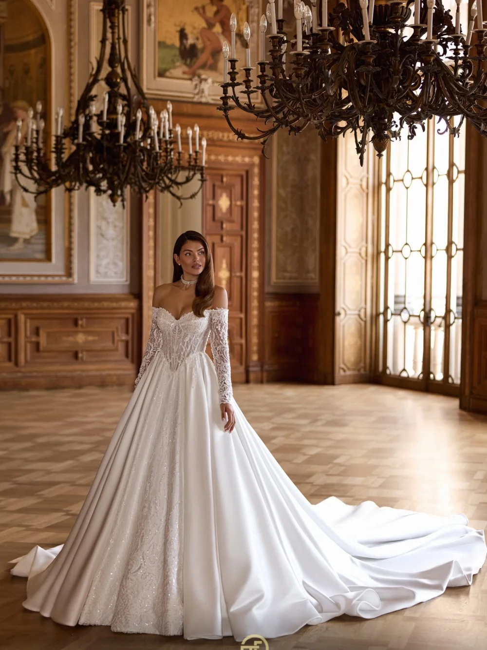 

Charming Off-Shoulder Wedding Dress Elegant Lace Bridal Gown Fashion Long-Sleeved Applique Floor-Length Customized