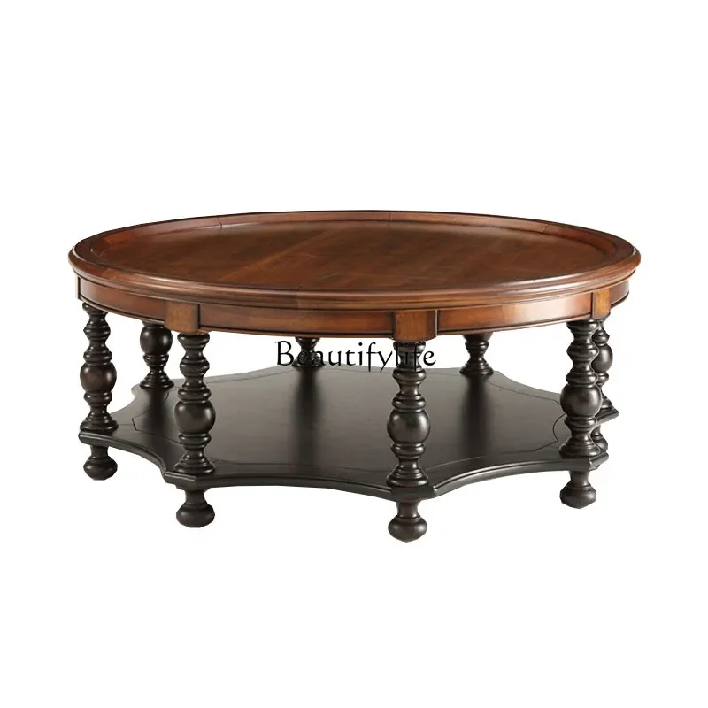 

FG11American rural retro solid wood coffee table double storage round coffee table European French carved edge table
