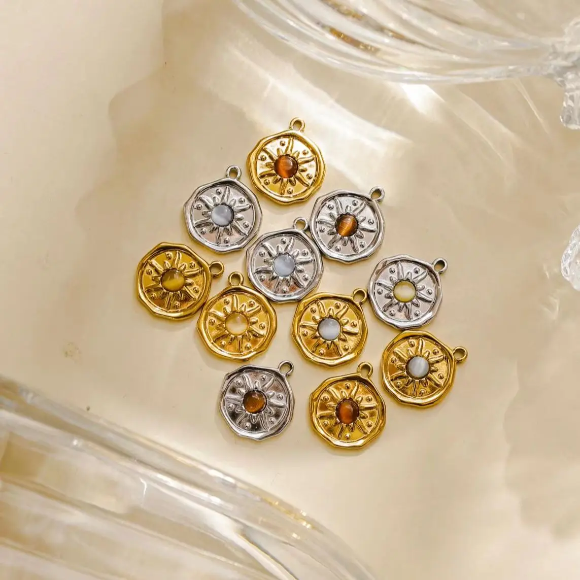 3-Piece Set: Vintage Gem-Inlaid Stainless Steel Sun Disc Pendants – Ideal for DIY Earring and Necklace Jewelry Making