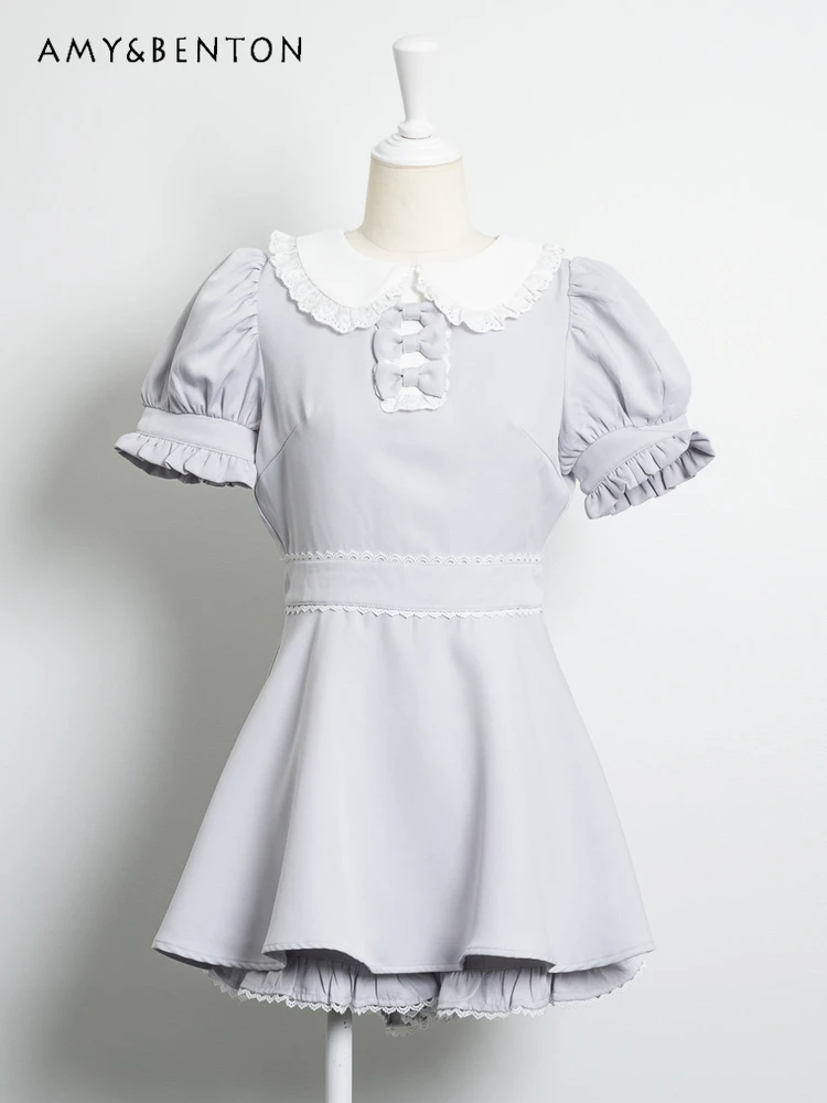 Japanese Sweet Lace Doll Collar Three-dimensional Bow Short Sleeve Slim Dress + Ruffled Shorts Set Elegant Cute Lolita Outfits