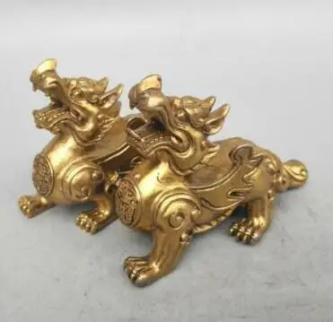 

a Pair Exquisite Chinese Seiko Carving Pure Brass Mythical Animals God Beast Animal Statue