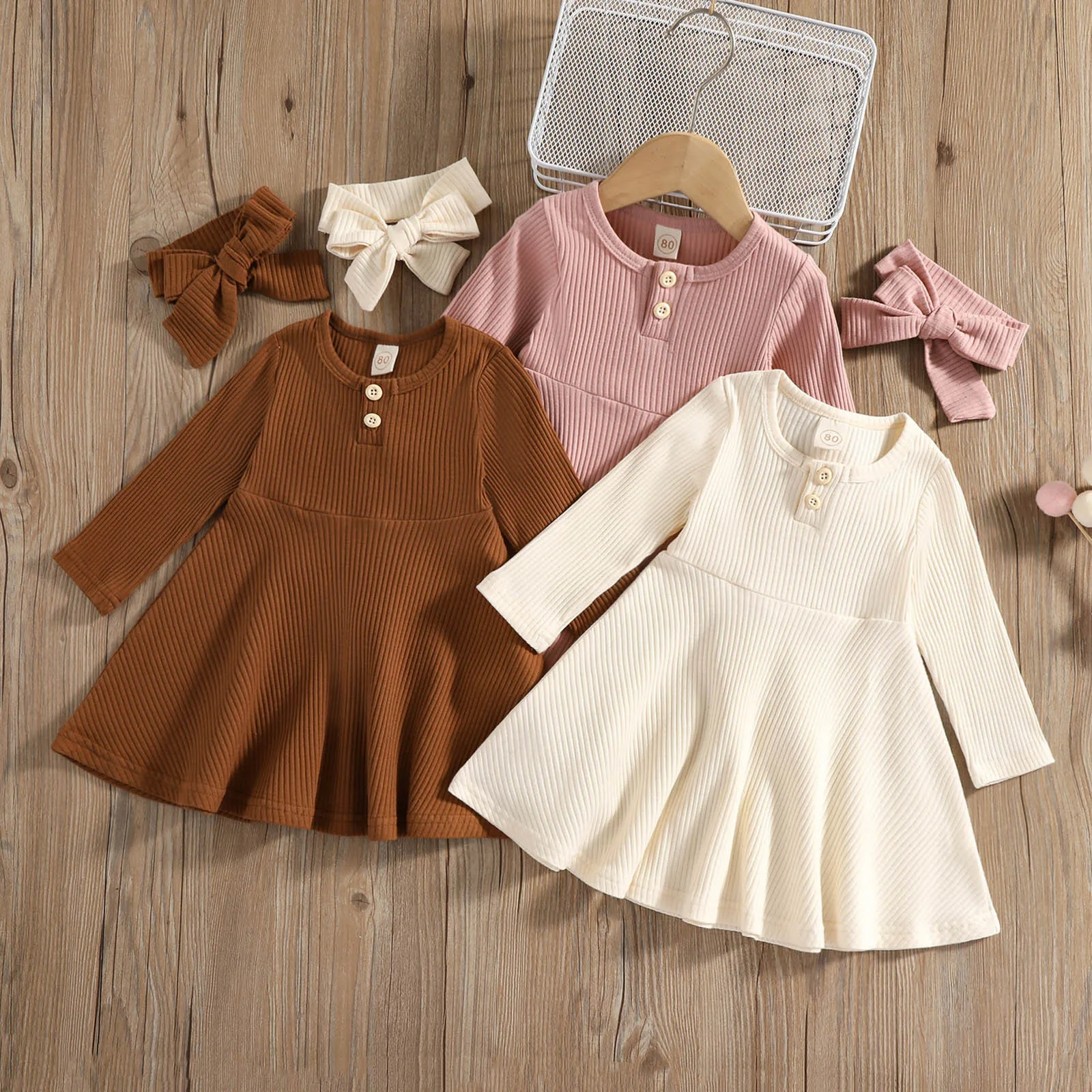 1 2 3 4 5 Years Toddler Infant Baby Girls Dress Spring Autumn Casual Solid Ribbed Long Sleeve Princess Dress With Headbands