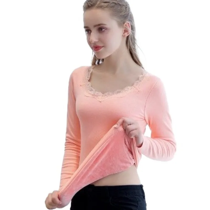 New Lace Bottoming Shirt for Women Winter Women\'s Thermal Underwear Plus Velvet V&O-Neck Basic Thermos Long-sleeved Tops Female