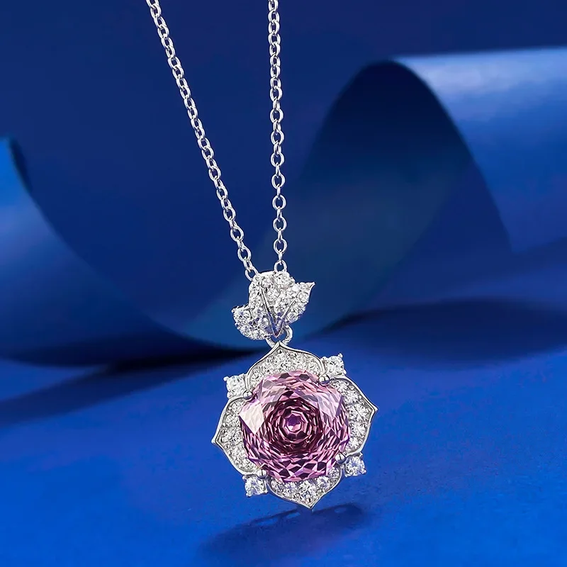 New S925 sterling silver rose petal necklace for women, 10mm rose purple pendant, stylish and live streaming style, hot selling