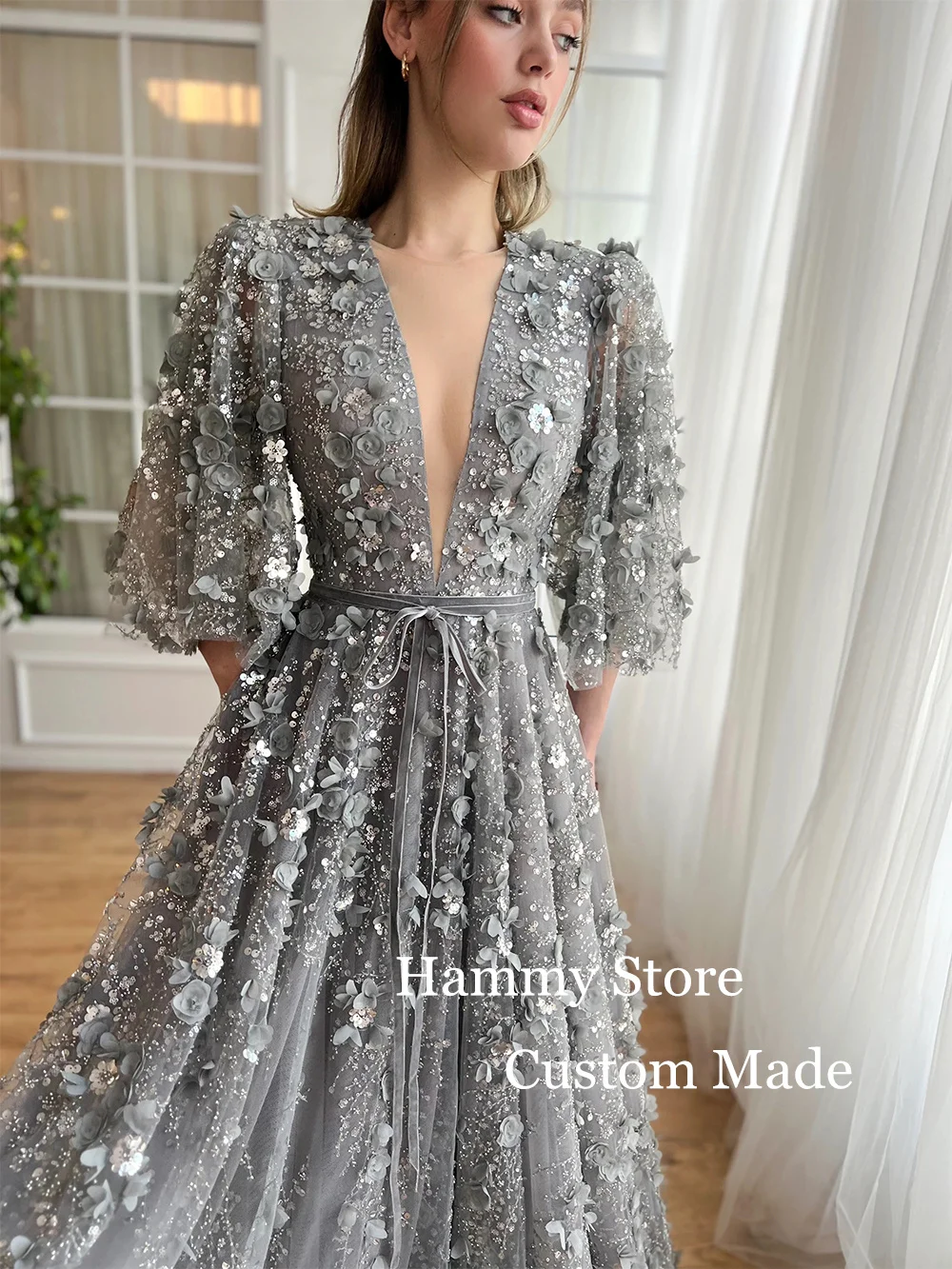 Grey Evening Dress Customized Luxury V Neck Beading Sequined Flower A Line Special Occasion Dresses Shinny Prom Gown for Party