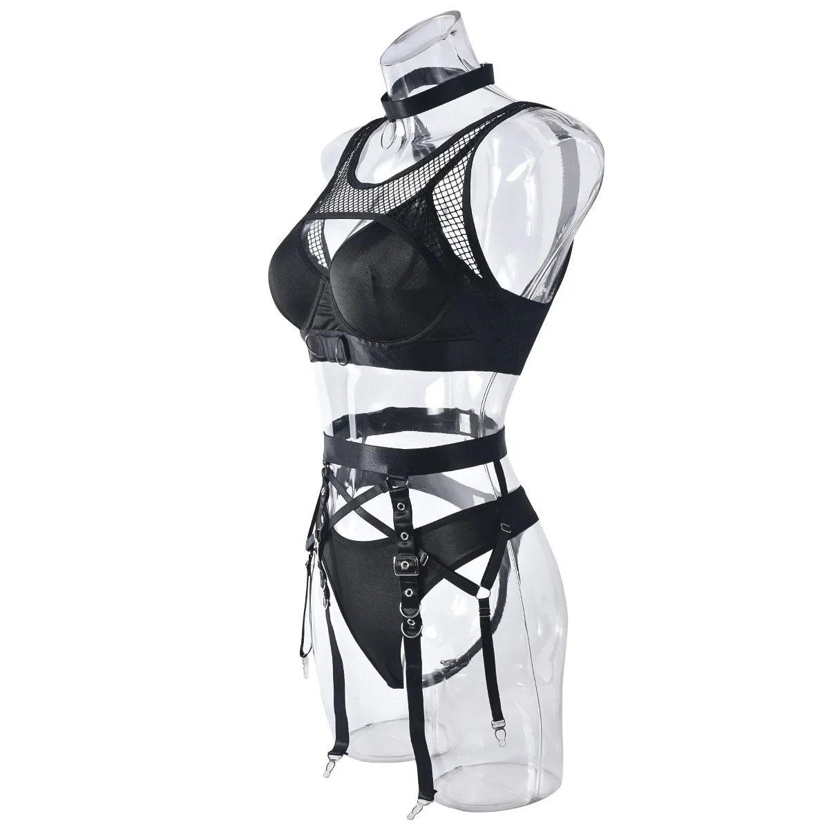 

Women's Sexy Brassuit 6-Piece Set Black Bondage Hollow Netting Crafted Artwork Bra Lingerie Set For Special Occasions