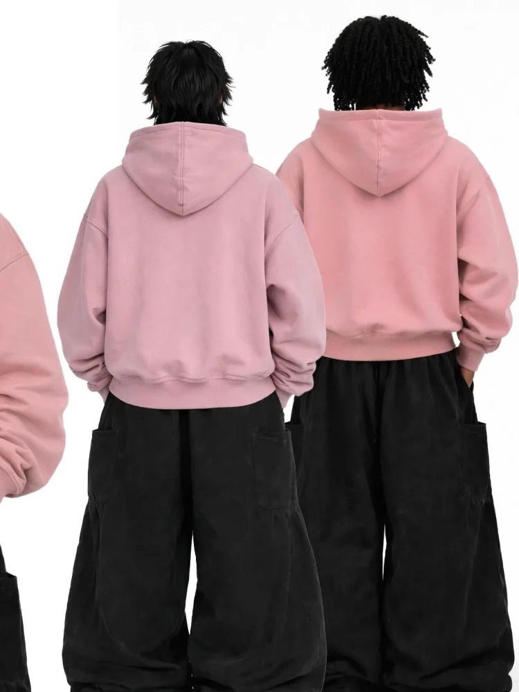 Pink Asymmetric Metal Buckle Hoodie Women Zip Up Cropped Oversized Streetwear Y2K Grunge Casual Sweatshirt
