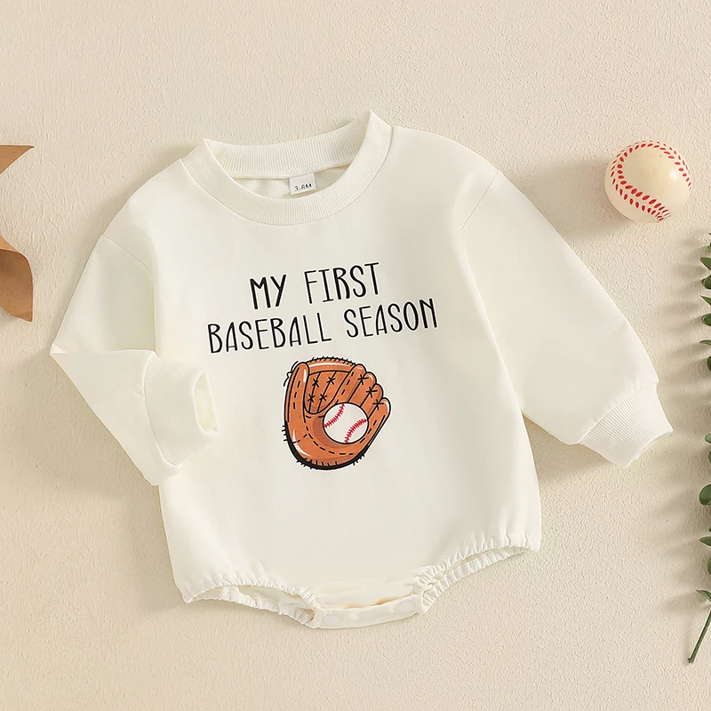 Sweat-shirt à manches longues pour bébé, barboteuse à col rond, combinaison de batterie imprimée de baseball, combishort décontracté pour nouveau-né